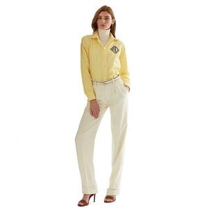 LAUREN Ralph Lauren Yellow Striped Logo Cotton Broadcloth Shirt Size L